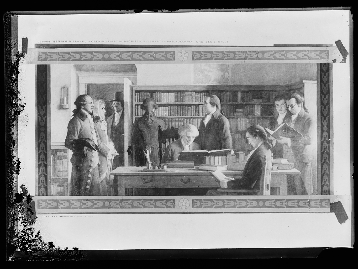 <p><em>Benjamin Franklin opening the first subscription library in Philadelphia</em> (Charles E. Mills, c. 1912). Photograph of a mural, dry plate negative. Source: Library of Congress, Prints and Photographs Division.</p>
