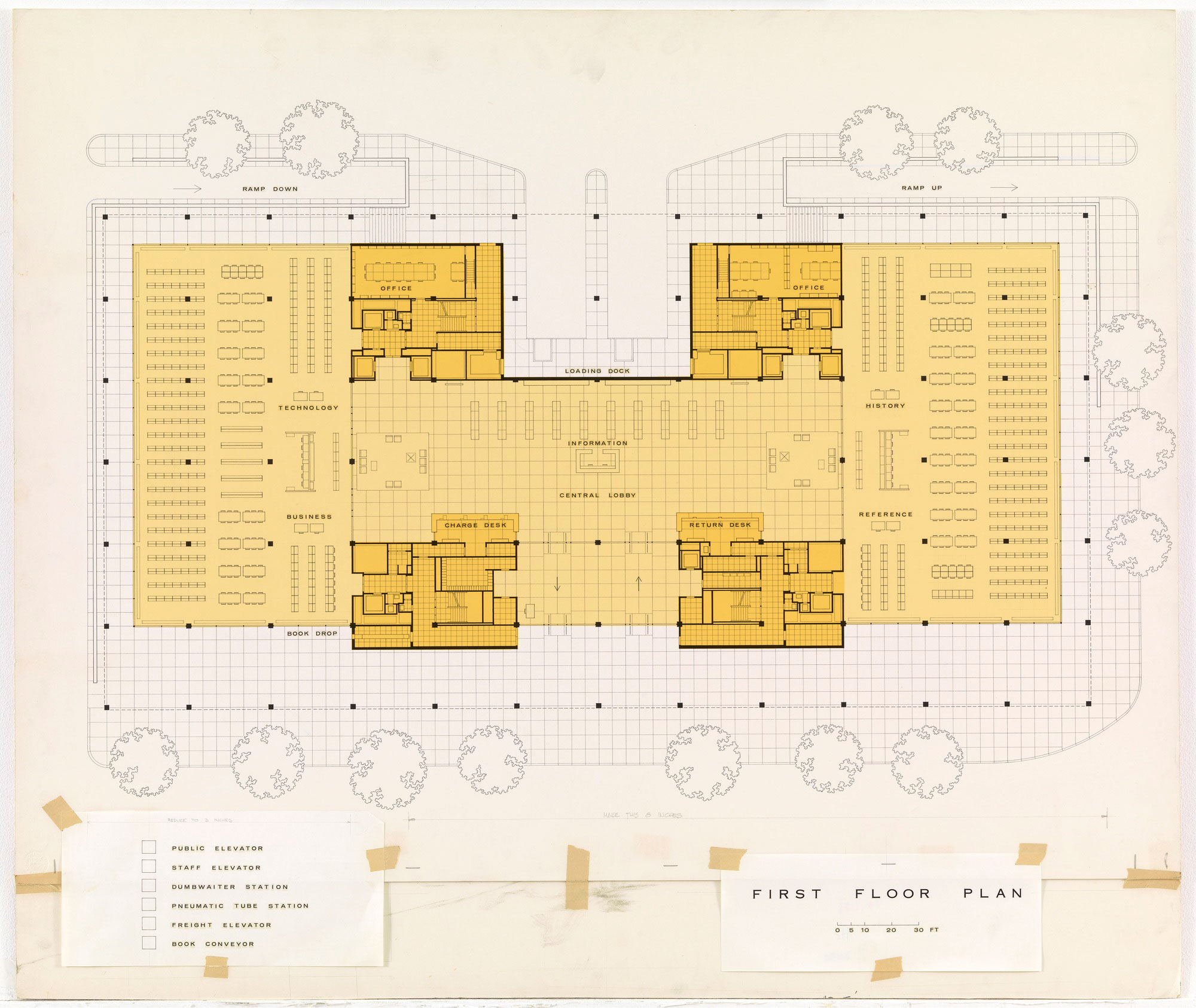 <p>Martin Luther King Jr. Library (Mies Van der Rohe, 1968), Washington, DC, first floor plan. Source: Museum of Modern Art, New York.</p>
