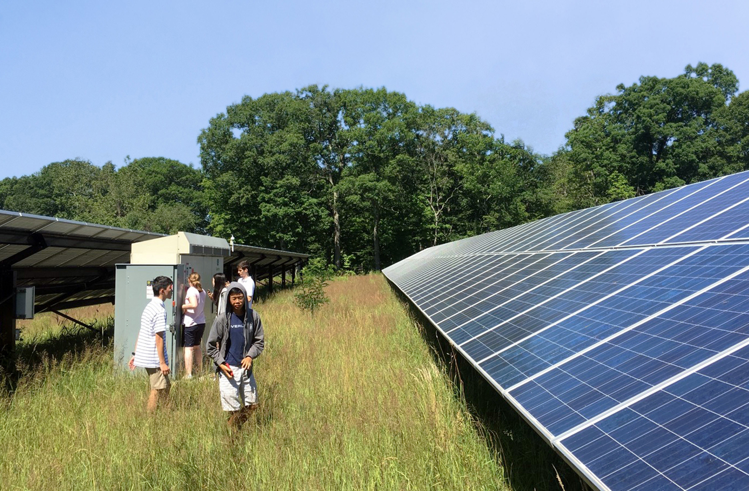 <p>A photovoltaic (PV) array converts sunlight to electricity. Conversion equipment is paired with the PV panels so that generated electricity is compatible with conventional systems and appliances. Electric demand and supply are balanced by a connection to the energy grid.&nbsp;</p>
