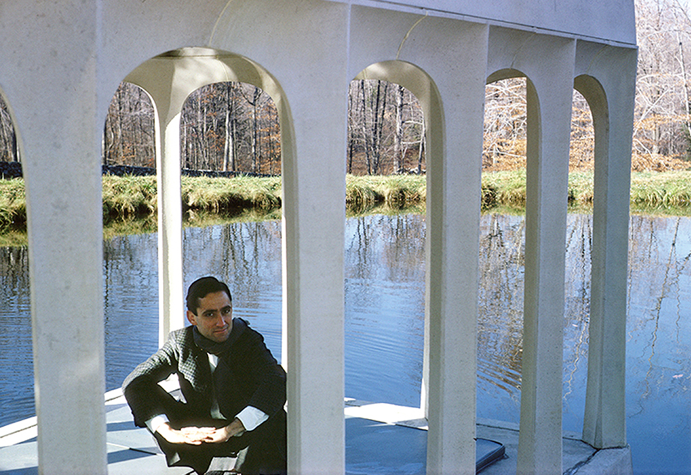 <p>Bob Stern at the Glass House Pavilion in the Pond (Philip Johnson, 1959–62) in New Canaan, Connecticut. Photograph Gifford Pierce, c. 1963.</p>
