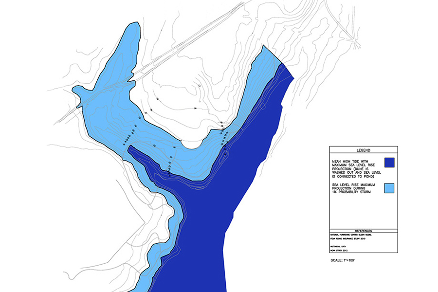 <p><span><span><span><span><span>Environmental study commissioned early in the design process to better understand potential storm surge with sea level rise projections. Diagram Sherwood Engineers, 2012.</span></span></span></span></span></p>
