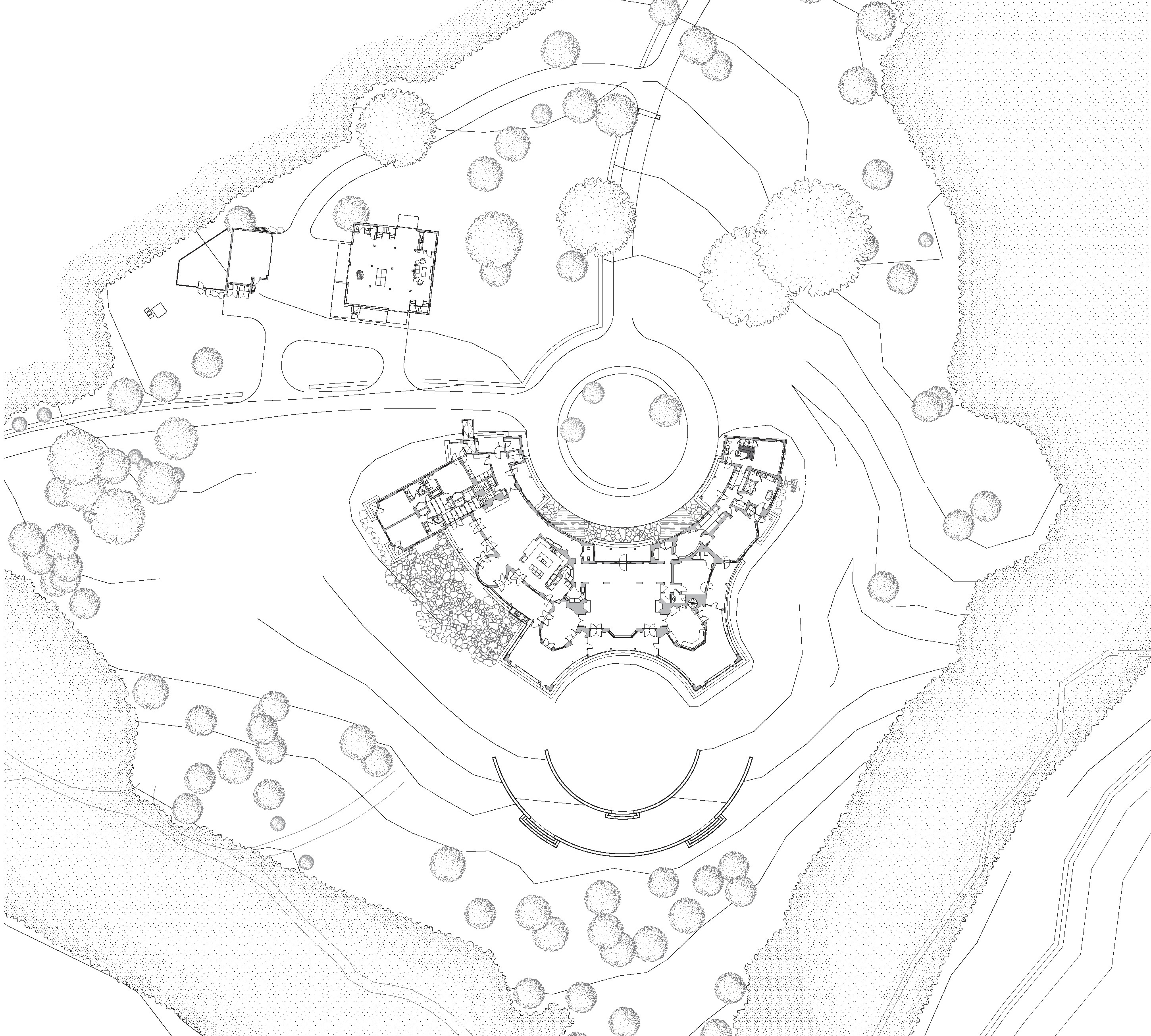 <p><span><span><span><span><span>As built, the plan of the house forms a semicircle that defines the entrance court with subsidiary arcs to capture views and light. First floor plan, 2016</span></span></span></span></span></p>
