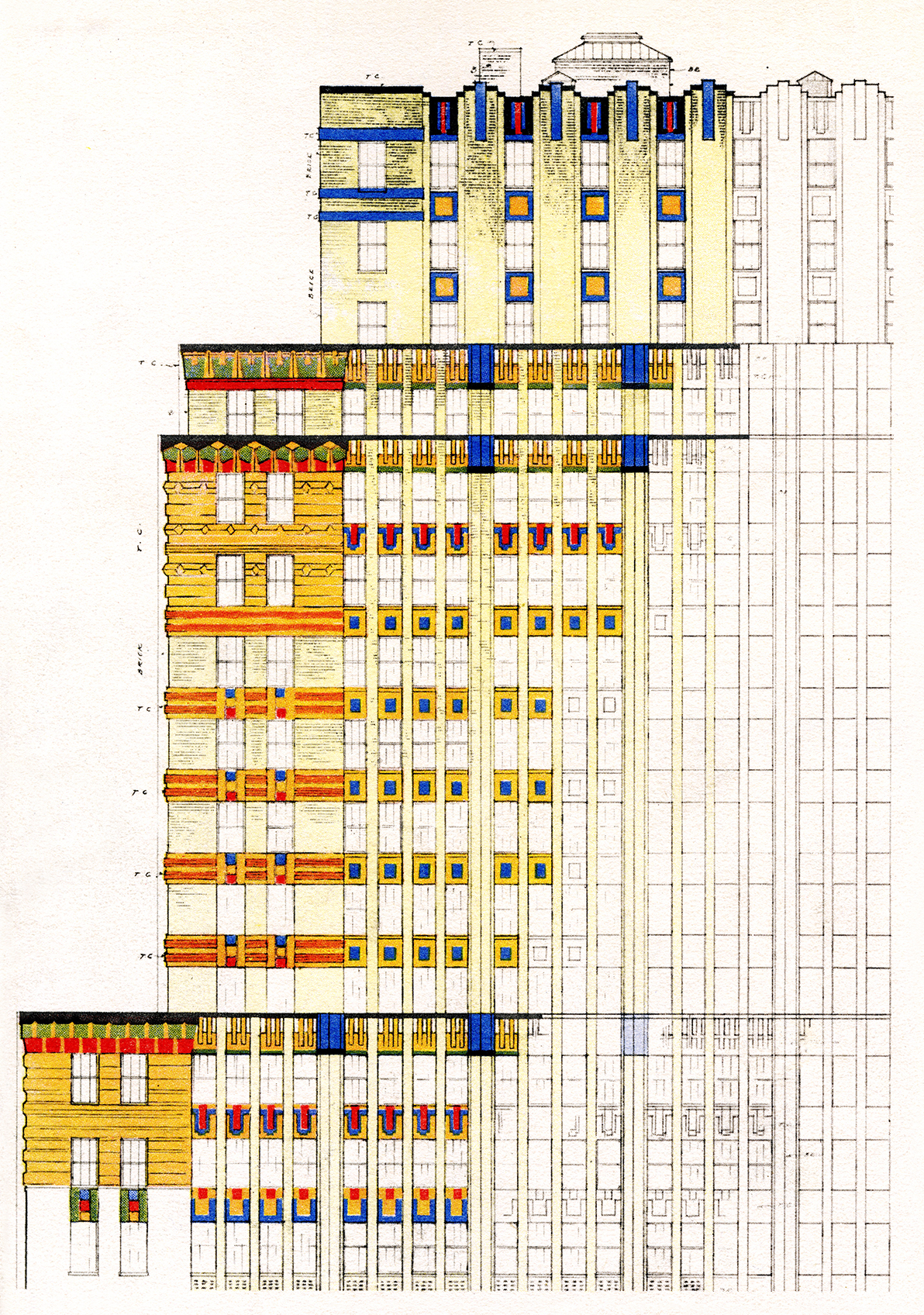 <p><span><span><span><span>This color study was put together by ceramicist and color consultant Leon V. Solon, who knew Kahn from the Architectural League of New York, where both were quite active. It features in Solon’s essay “The Park Avenue Building, New York City: The Evolution of a Style,” <em>The Architectural Record </em>v. 63, n. 4 (April 1928).</span></span></span></span></p>
