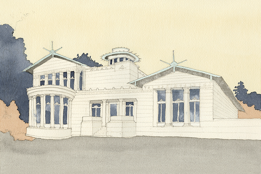 <p><span><span><span><span><span>Watercolor of Holmwood House, Cathcart, Scotland (Alexander Thomson, 1858). Drawing Gerald Bauer, 2016.</span></span></span></span></span></p>
