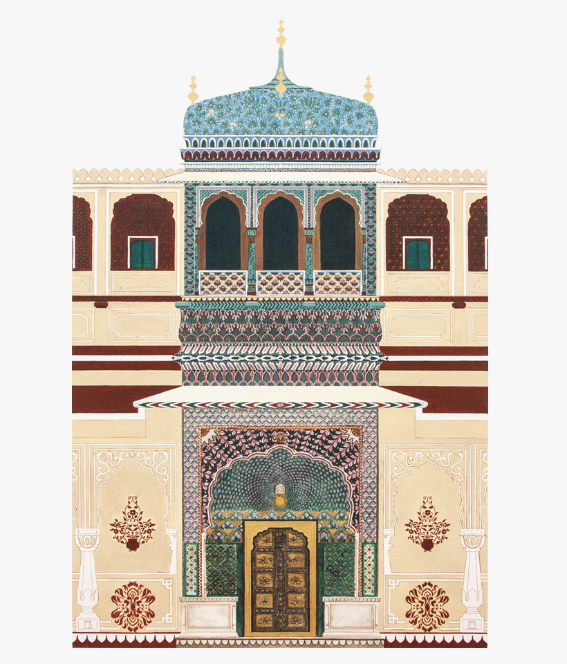 <p><span><span><span><span>Rose Gate, City Palace of Jaipur, Rajasthan (Vidyadhar Bhattacharya and Sir Samuel Swinton Jacobs, 1729–32). Gouache over digital linework. Drawing Michelle Chen, 2015.</span></span></span></span></p>
