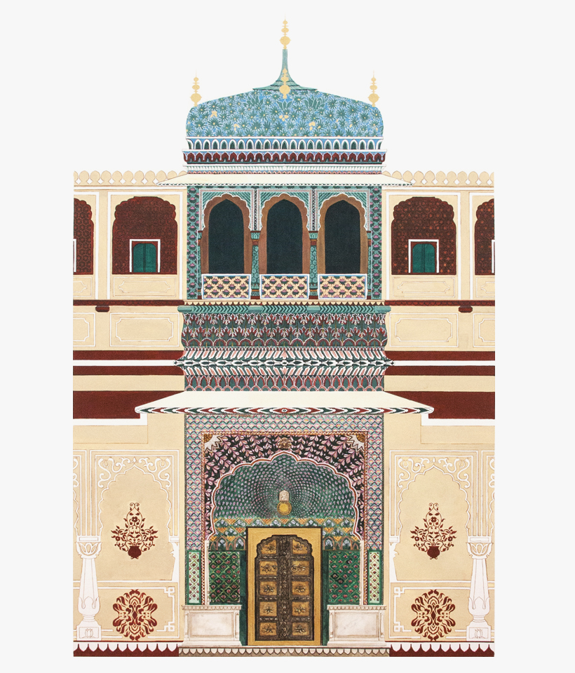 <p><span><span><span><span>Rose Gate, City Palace of Jaipur, Rajasthan (Vidyadhar Bhattacharya and Sir Samuel Swinton Jacobs, 1729–32). Gouache over digital linework. Drawing Michelle Chen, 2015.</span></span></span></span></p>
