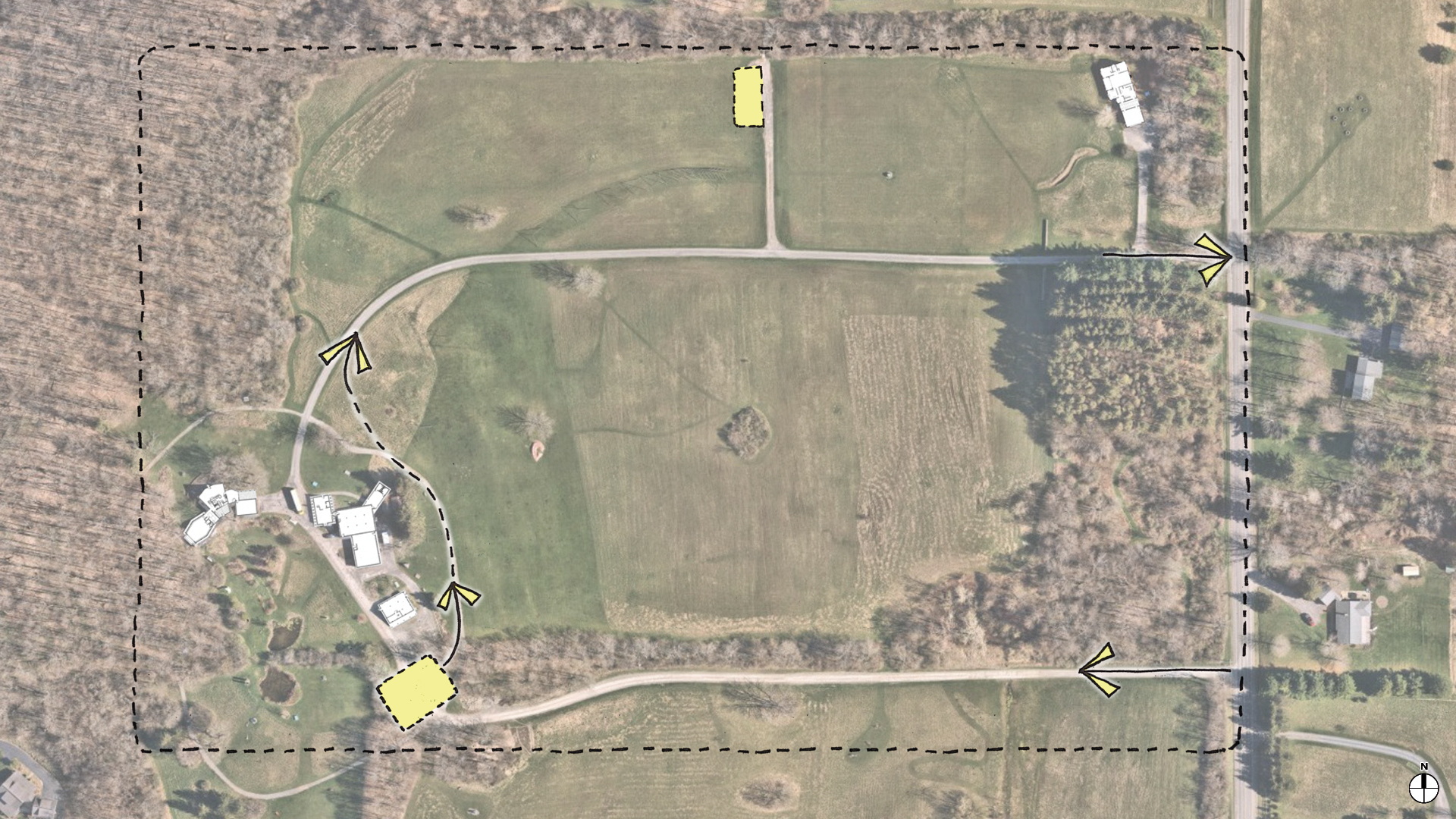 <p><span><strong>Proposed site circulation</strong>: Reversing the park’s circulation would create a clear path to the main parking lot on the hilltop plateau, near the maintenance barn. Visitors would enter the park from the south driveway which was the original route to the Hilltop House.</span></p>